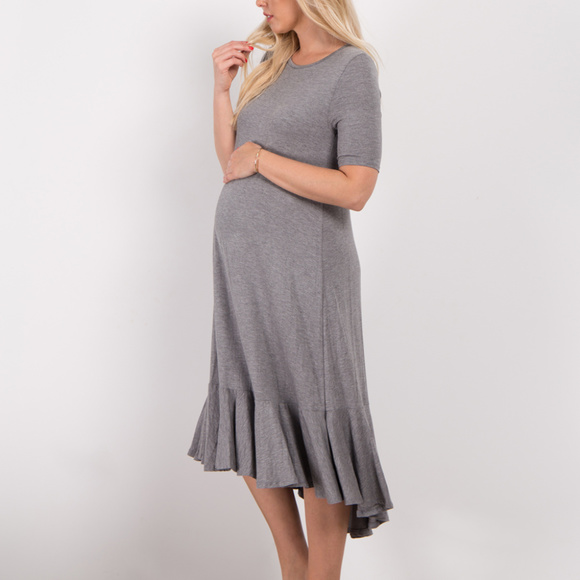 PinkBlush Heather Gray Ruffle Trim Maternity dress - Picture 3 of 4